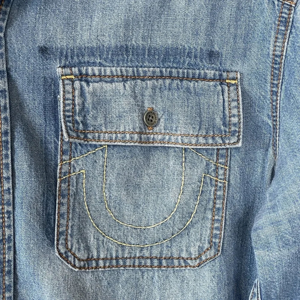 True Religion Chambray Long Sleeve Utility Shirt Mens L Cotton Western Normcore